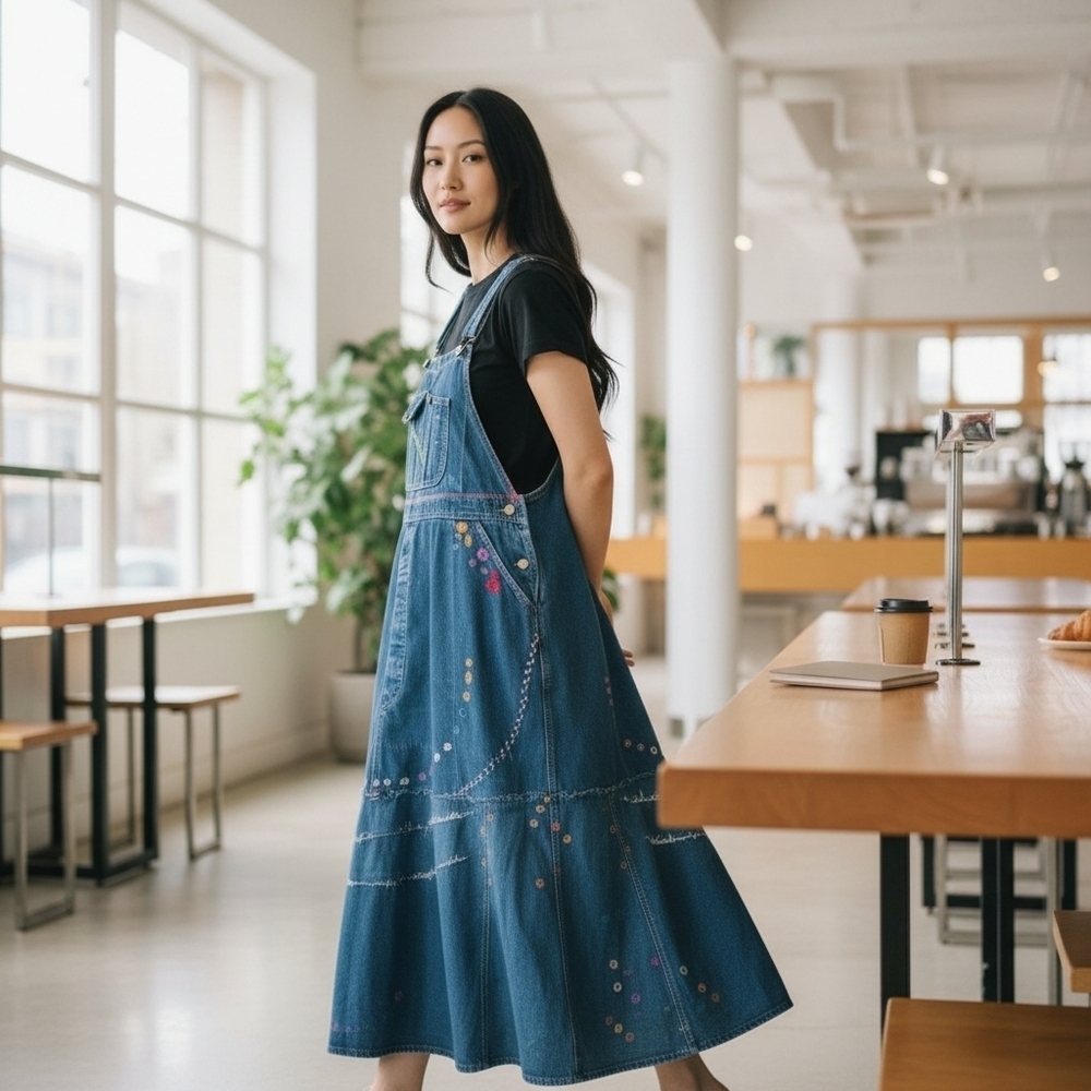 Boho Hippie Vintage Key Denim Floral Embroidered Crochet Over-Alls Maxi Dress - Picture 11 of 11